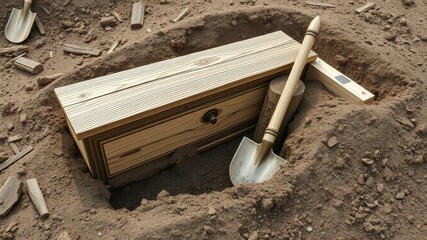 Dark wooden coffin with intricate carvings being lowered into a freshly dug grave surrounded by earth and shovels, farewell, graveyard