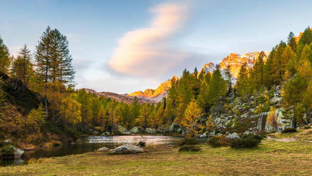autumnal mountain landscape inside the Alpe Devero, Val D'Ossola, Verbania, Italia	
