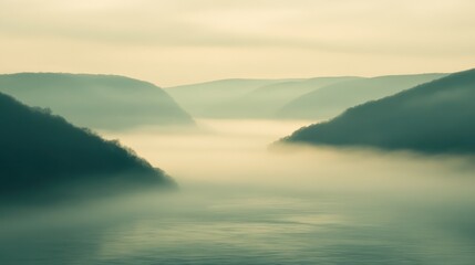 Fototapeta premium Misty River Valley in Soft Light and Foggy Atmosphere