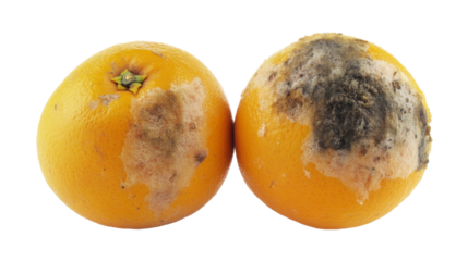 Two moldy oranges showing decaying process on transparent background
