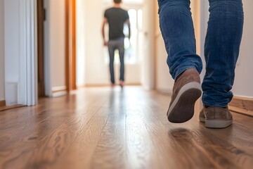 Fototapeta premium Man Walking Away Down Hallway Hardwood Floor Leaving Departure Jeans Brown Shoes