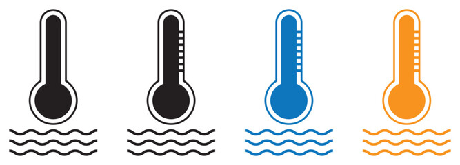 Flat line water temperature thermometer icon. Pool and sSea water indicator