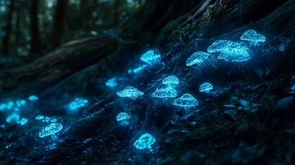 Glowing blue mushrooms in a dark forest at night.