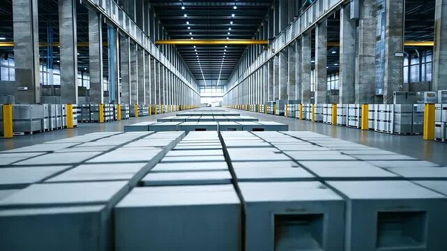 Symmetrically arranged stacks of hollow concrete blocks, with sharp edges and defined cavities, set against a warehouse backdrop.