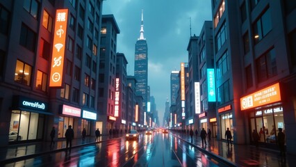 Obraz premium A futuristic metropolis with neon lights, holographic ads, and digital accents amidst a bustling street scene.