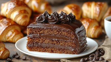 Delicious Chocolate Cake Slice with Croissants