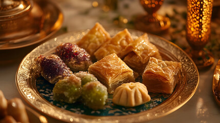 A decorative plate of traditional sweets like baklava and maamoul, elegantly arranged for Ramadan