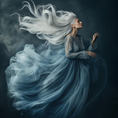 Elegant ethereal dance of a woman in flowing blue dress enchanted forest fashion photography dreamy atmosphere side view mystical elegance