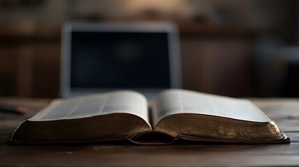 Obraz premium Close-up of an open book with a blurred laptop in the background 