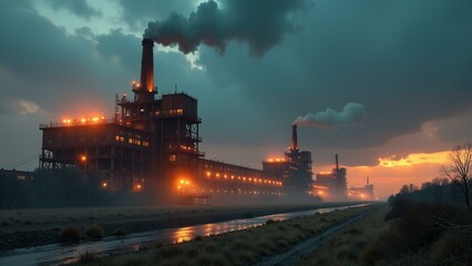 Fototapeta premium Ruined factory buildings with rusted hulks, glowing embers, and desolate urban landscape.