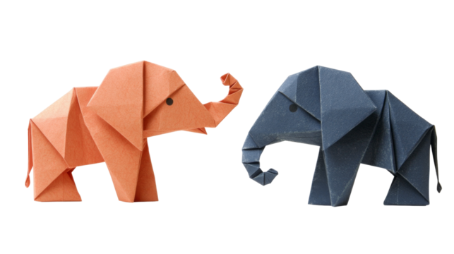 Two origami elephants facing each other on transparent background