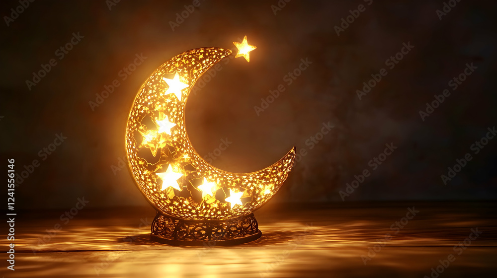 Wall mural a glowing crescent moon and star lantern casting intricate light patterns on a wooden table