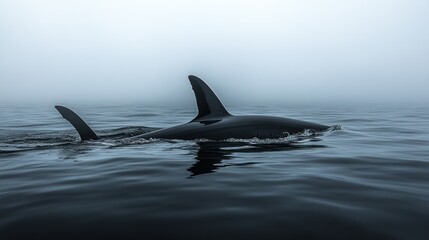 Fototapeta premium Orca surfacing foggy ocean; wildlife, nature
