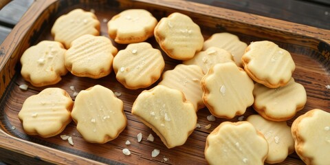 Fototapeta premium Delicate almond florentine cookies scattered across a weathered wooden tray, snack foods, almond florentine cookies