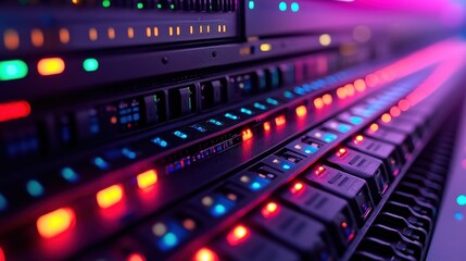 Close-up view of illuminated control panels with vibrant lights in a modern tech setting