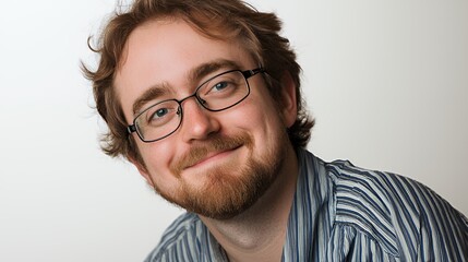 Fototapeta premium a portrait of a young man with a beard wearing a striped shirt and glasses 