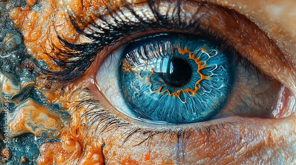 Poster in a striking close-up, a vivid blue eye sparkles with swirling patterns and dynamic colors, showcas