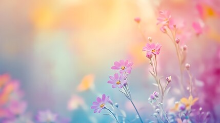 Pastel Dream: Delicate pastel pink and purple wildflowers bathed in soft, dreamy light, creating a serene and enchanting scene.