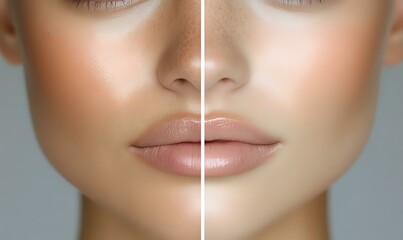 Close-up comparison of lips and skin texture showing beauty treatment before and after results on young woman's face against neutral gray background.