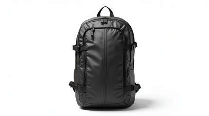 Naklejka premium Essential black backpack, photographed against a clean white backdrop, highlighting its simple, functional design for versatile everyday carry.