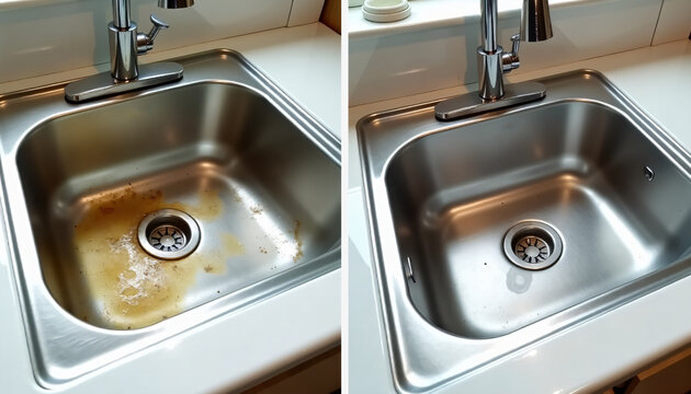 Before and after stainless steel kitchen sink cleaning comparison