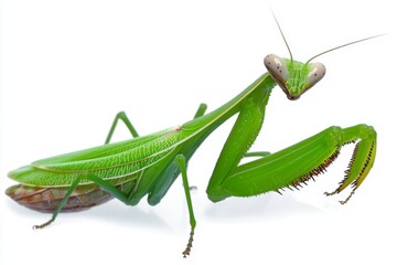 Close-up Image of a Vibrant Green Praying Mantis on White Background Showcasing Detailed Features and Texture