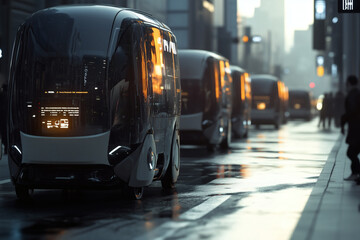 Autonomous vehicles line a city street.