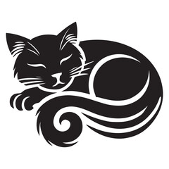 Sleeping Cat Silhouette with Curled Tail Illustration