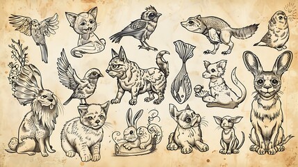 A group of doodles depicting different kinds of animals: dogs, cats, rabbits, birds, and fish, each with unique and charming details