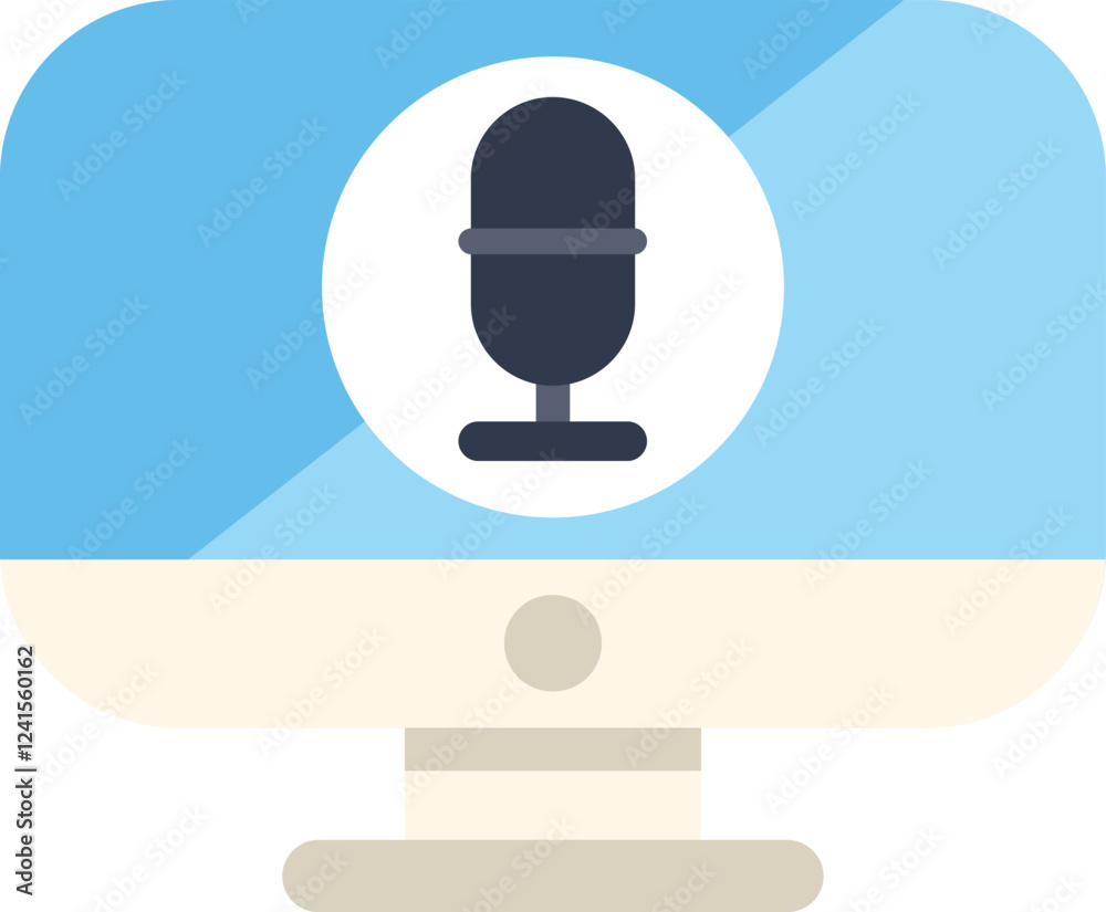 Poster podcast recording software displaying microphone icon on computer screen, representing audio content