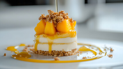 Mango and coconut parfait layered with granola and a drizzle of agave syrup.Mango and coconut parfait layered with granola and a drizzle of agave syrup.