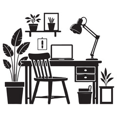 Cozy Home Workspace Silhouette Illustration