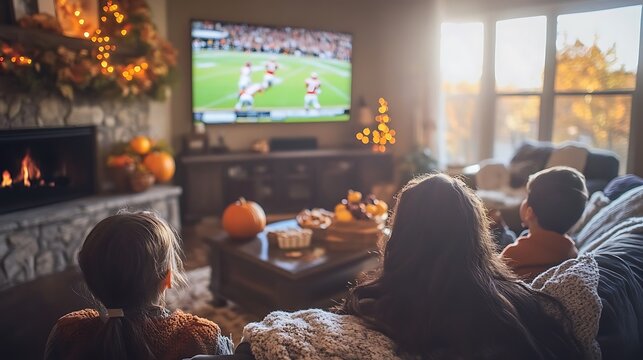 Family cozy autumn evening watching football game on TV.
