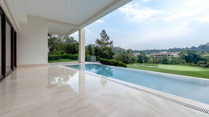 Fototapeta premium Modern luxury villa terrace with an infinity swimming pool overlooking a lush green golf course.