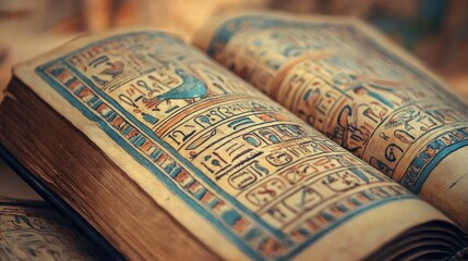 An open book with detailed illustrations of hieroglyphics, mummies, and desert landscapes rising elegantly.