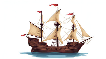 Naklejka premium Adventurous nautical scene featuring a majestic pirate ship, its antique design and skull and crossbones flag prominent, sailing serenely on the open sea