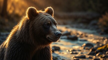 Fototapeta premium A bear with a thoughtful look near a mountain stream, a foggy forest in the background, a warm golden glow. Educational materials, Biology, Nature conservation, Infographics, zoo, tourism