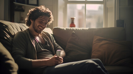 Obraz premium Smiling Man Relaxing on Couch with Smartphone in Modern Sunlit Home Interior
