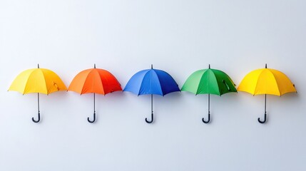 Colorful umbrellas hanging on white wall, protection concept
