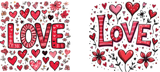 Cute and Colorful "Love typography" vector Design with Hearts and Flowers