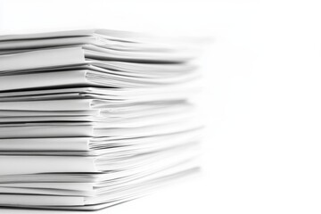 High paper stack, office, white background, paperwork, documentation