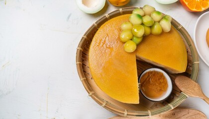 A delicious golden cake, adorned with glistening fruit, sits in a rustic basket.