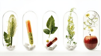 Colorful capsules containing fresh vegetables and herbs for health benefits