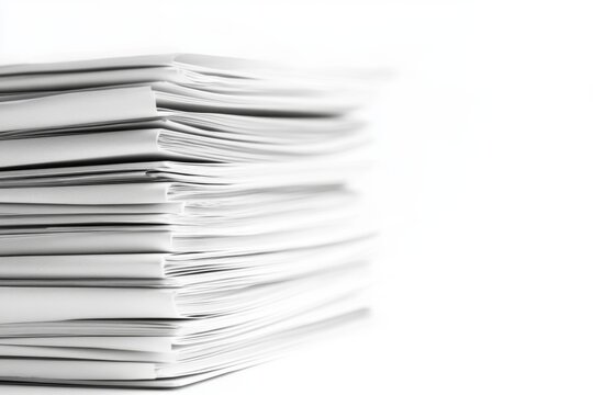 High paper stack, office, white background, paperwork, documentation