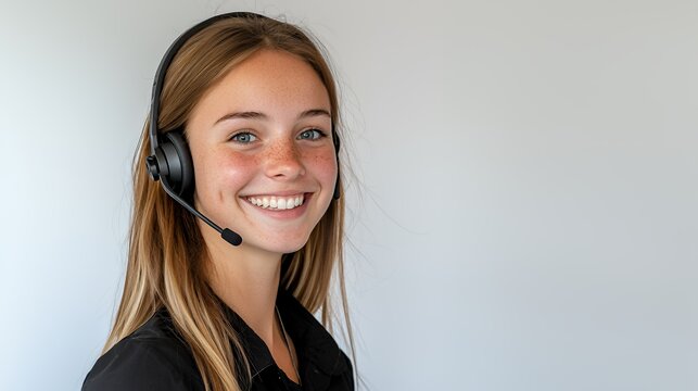 a young woman wearing black headphones smiling 