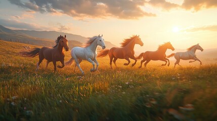 Majestic Horses Galloping at Sunset in Mountain Meadow