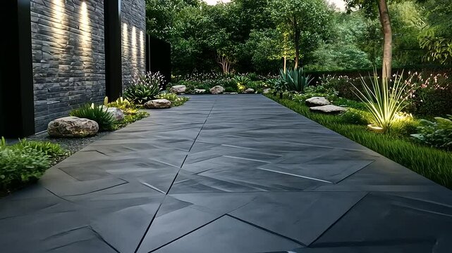 Gray concrete pavers in a herringbone layout, with soft lighting casting gentle shadows, surrounded by a landscaped garden featuring ornamental rocks and succulents.
