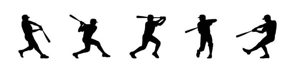 Baseball player silhouettes set. Group of people playing baseball. Vector illustration.