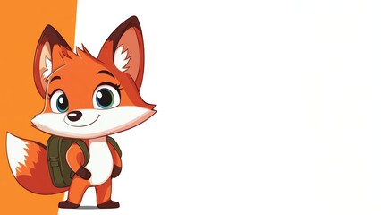Obraz premium cute fox with backpack peeking out from the corner to look at the camera with a orange and white background