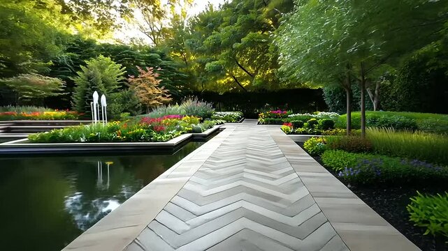 Elegant concrete pavers in a herringbone pattern, seamlessly integrated into a landscaped path with colorful flowerbeds and a tranquil water feature nearby.